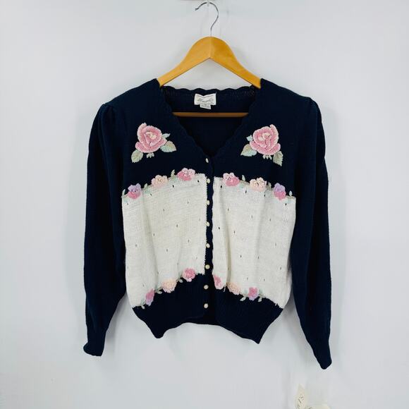 Vintage Floral Embroidered Cardigan Navy & Cream Deadstock Women’s L Cottage - Picture 9 of 9
